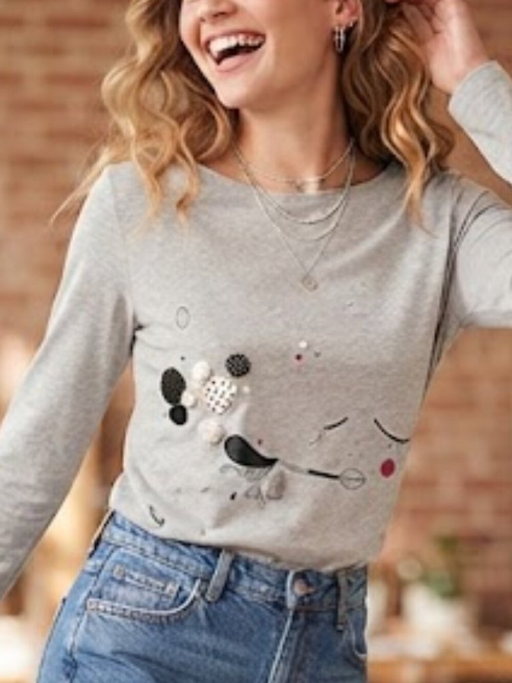Tara Jarmon Light Gray Long Sleeve Graphic Tee with Mixed Dot Accents